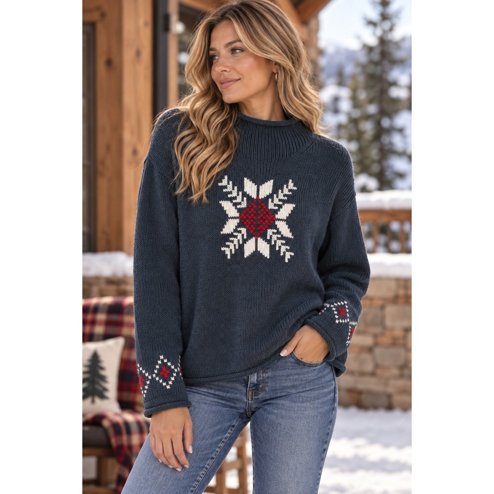 Norton Studio Navy Blue Snowflake Nordic Knit Mock Neck Sweater Large